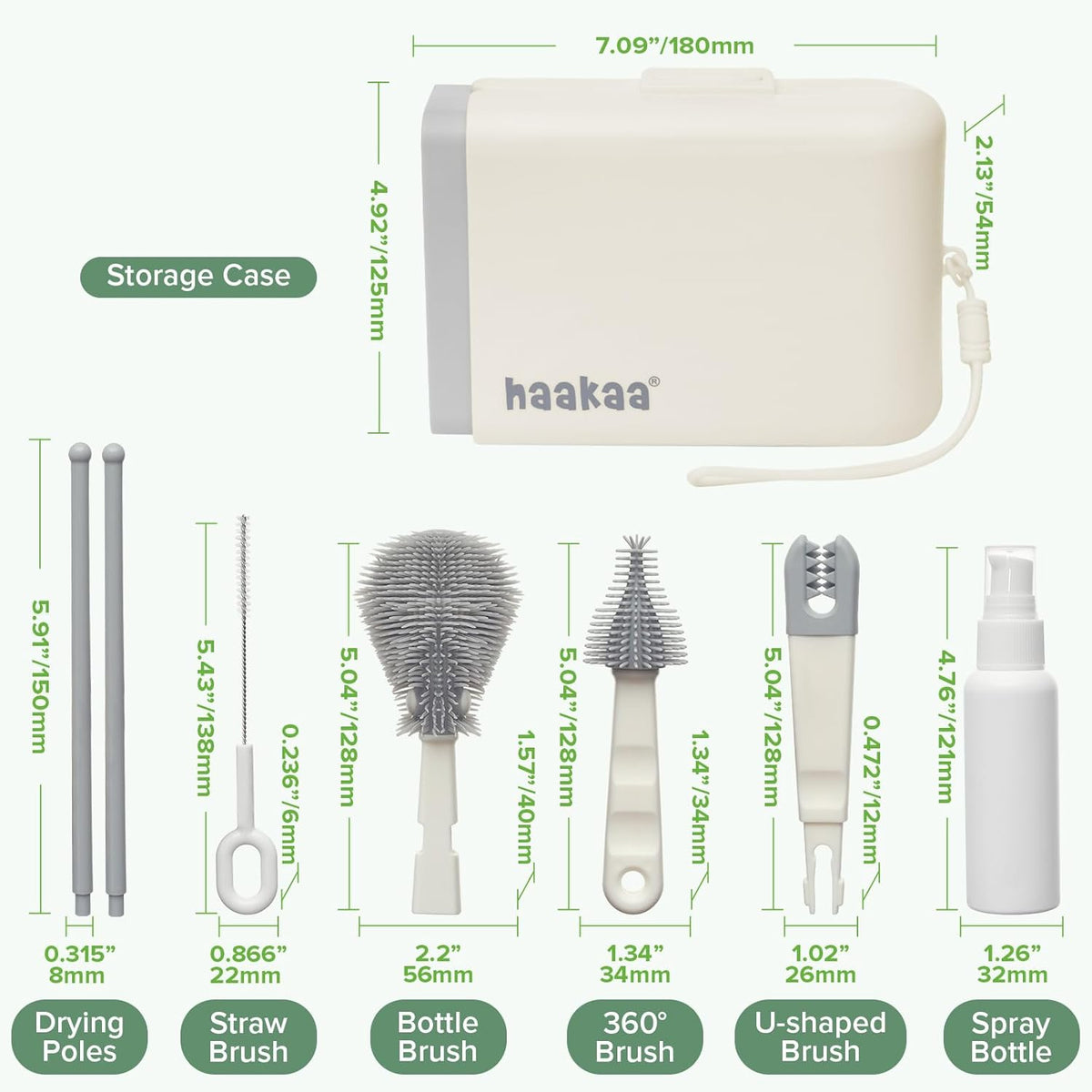 Travel Bottle Brush Set – 7-in-1 Baby Bottle Cleaner Kit with Bottle Brush, 360° Brush, Straw Brush, U-Shaped Brush, Spray Bottle&Drying Rack for Home and Travel