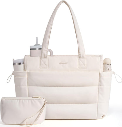Tote Bag for Women with Giant Tumbler Holder Pocket, Puffer Work Travel Laptop Handbag with Zipper for Nurse Teacher