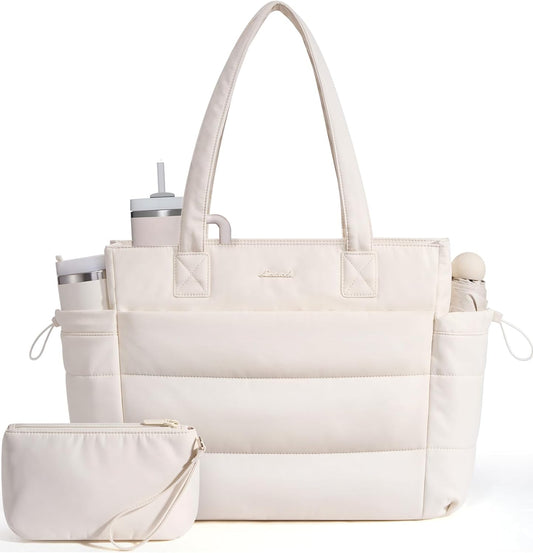 Tote Bag for Women with Giant Tumbler Holder Pocket, Puffer Work Travel Laptop Handbag with Zipper for Nurse Teacher