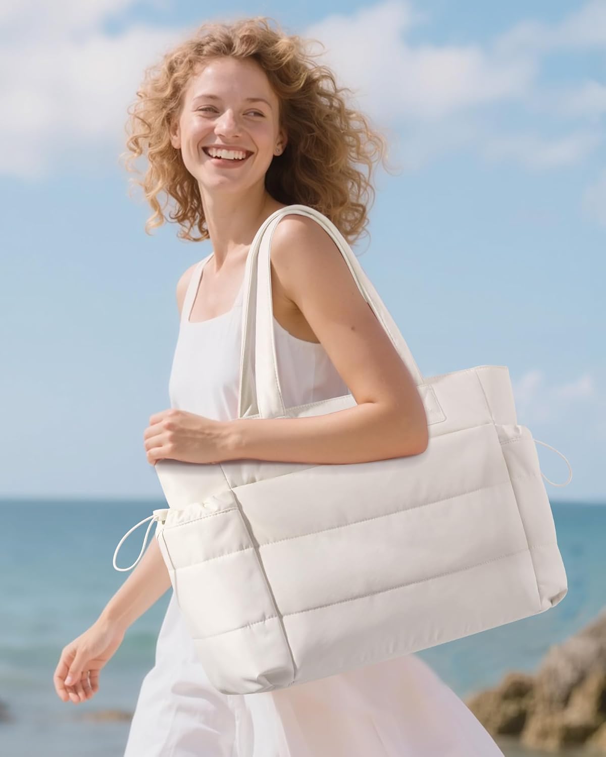 Tote Bag for Women with Giant Tumbler Holder Pocket, Puffer Work Travel Laptop Handbag with Zipper for Nurse Teacher