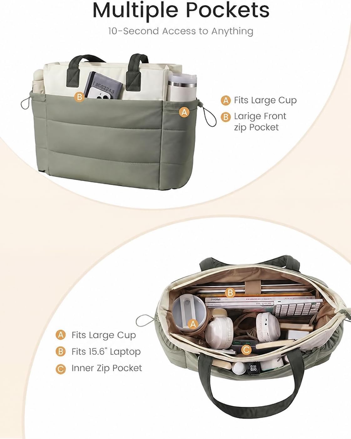 Tote Bag for Women with Giant Tumbler Holder Pocket, Puffer Work Travel Laptop Handbag with Zipper for Nurse Teacher