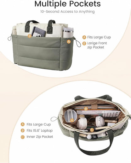 Tote Bag for Women with Giant Tumbler Holder Pocket, Puffer Work Travel Laptop Handbag with Zipper for Nurse Teacher