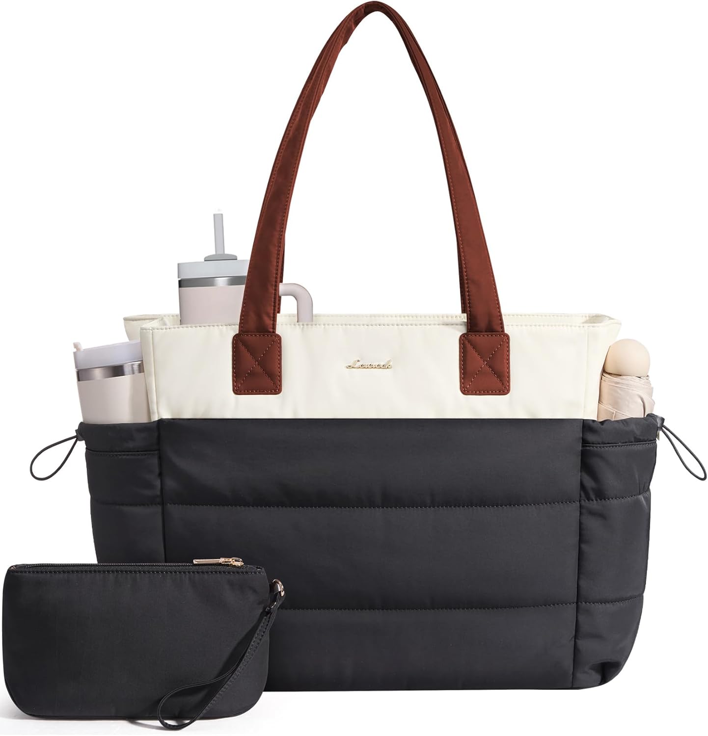 Tote Bag for Women with Giant Tumbler Holder Pocket, Puffer Work Travel Laptop Handbag with Zipper for Nurse Teacher