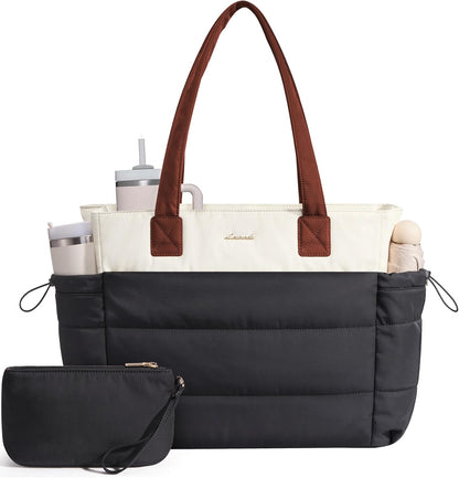 Tote Bag for Women with Giant Tumbler Holder Pocket, Puffer Work Travel Laptop Handbag with Zipper for Nurse Teacher