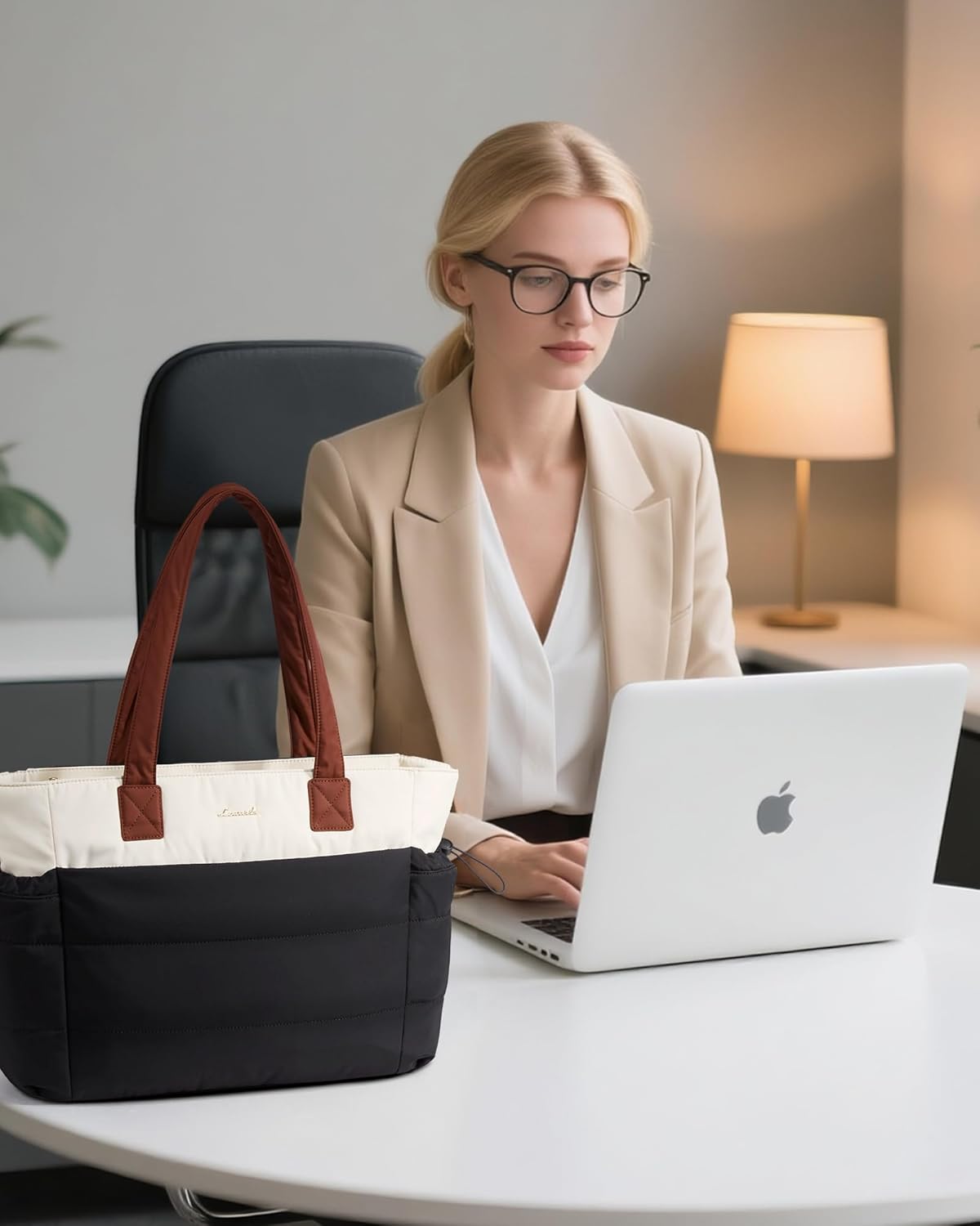 Tote Bag for Women with Giant Tumbler Holder Pocket, Puffer Work Travel Laptop Handbag with Zipper for Nurse Teacher