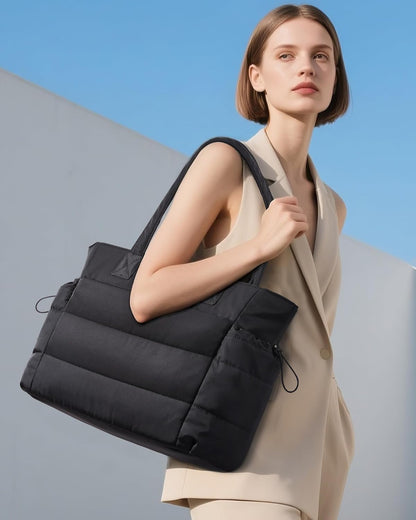 Tote Bag for Women with Giant Tumbler Holder Pocket, Puffer Work Travel Laptop Handbag with Zipper for Nurse Teacher