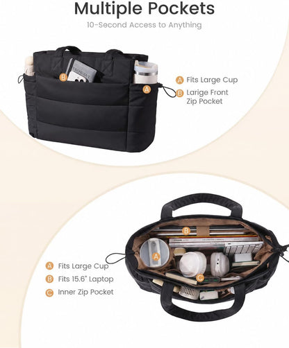 Tote Bag for Women with Giant Tumbler Holder Pocket, Puffer Work Travel Laptop Handbag with Zipper for Nurse Teacher