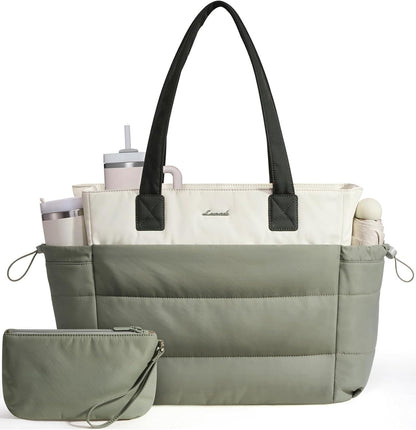 Tote Bag for Women with Giant Tumbler Holder Pocket, Puffer Work Travel Laptop Handbag with Zipper for Nurse Teacher