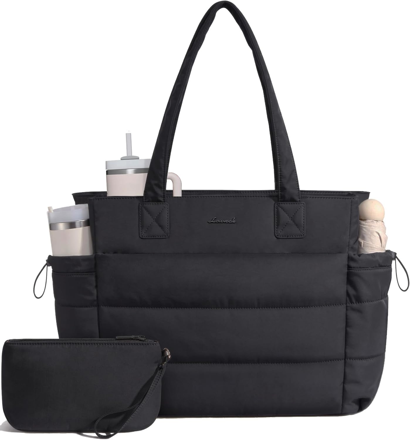 Tote Bag for Women with Giant Tumbler Holder Pocket, Puffer Work Travel Laptop Handbag with Zipper for Nurse Teacher
