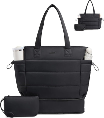 Tote Bag for Women with Giant Tumbler Holder Pocket, Puffer Work Travel Laptop Handbag with Zipper for Nurse Teacher