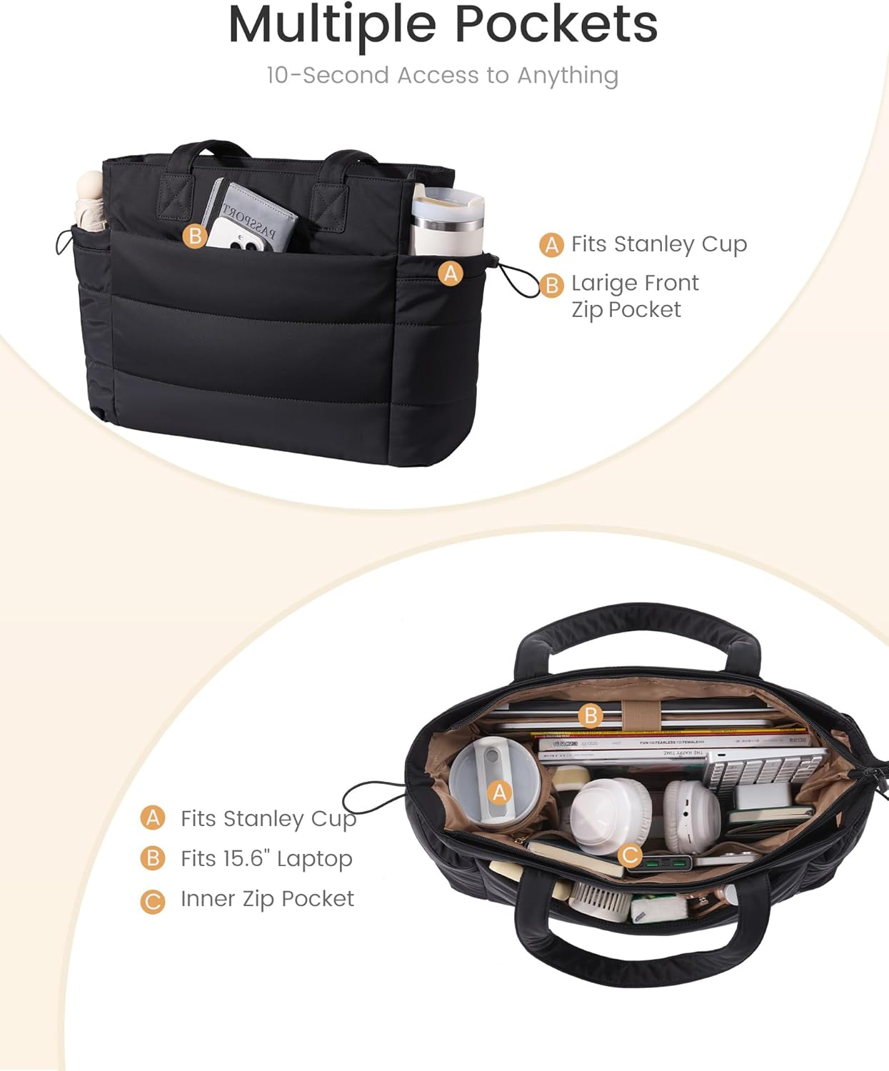 Tote Bag for Women with Giant Tumbler Holder Pocket, Puffer Work Travel Laptop Handbag with Zipper for Nurse Teacher