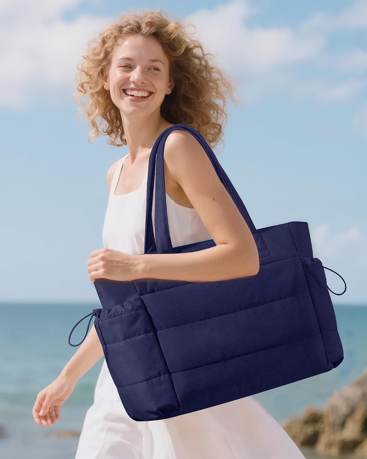 Tote Bag for Women with Giant Tumbler Holder Pocket, Puffer Work Travel Laptop Handbag with Zipper for Nurse Teacher