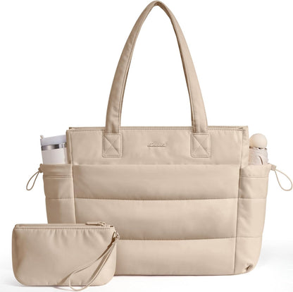 Tote Bag for Women with Giant Tumbler Holder Pocket, Puffer Work Travel Laptop Handbag with Zipper for Nurse Teacher