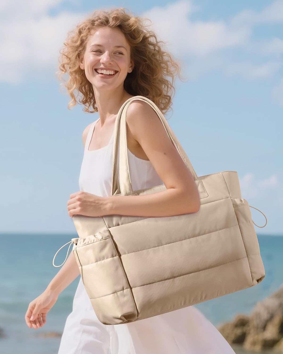 Tote Bag for Women with Giant Tumbler Holder Pocket, Puffer Work Travel Laptop Handbag with Zipper for Nurse Teacher