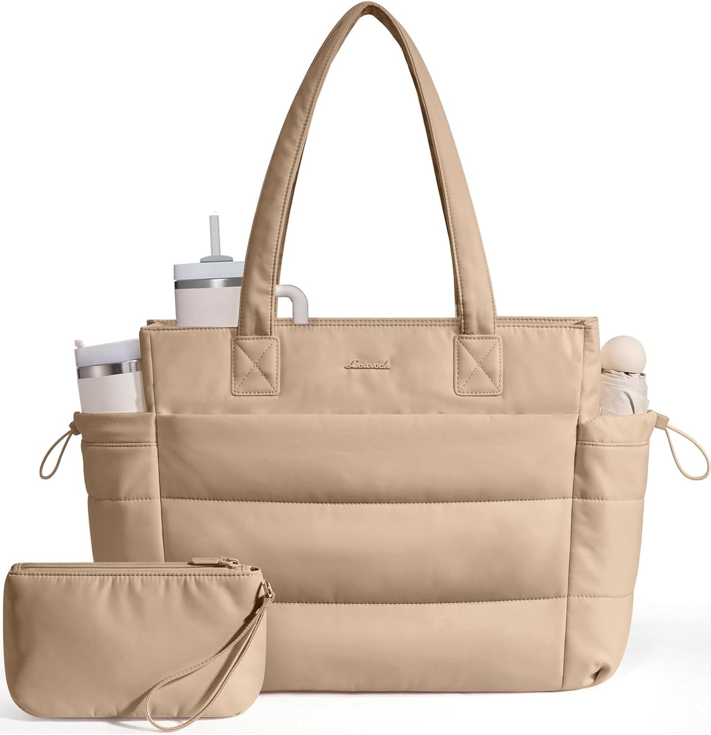 Tote Bag for Women with Giant Tumbler Holder Pocket, Puffer Work Travel Laptop Handbag with Zipper for Nurse Teacher
