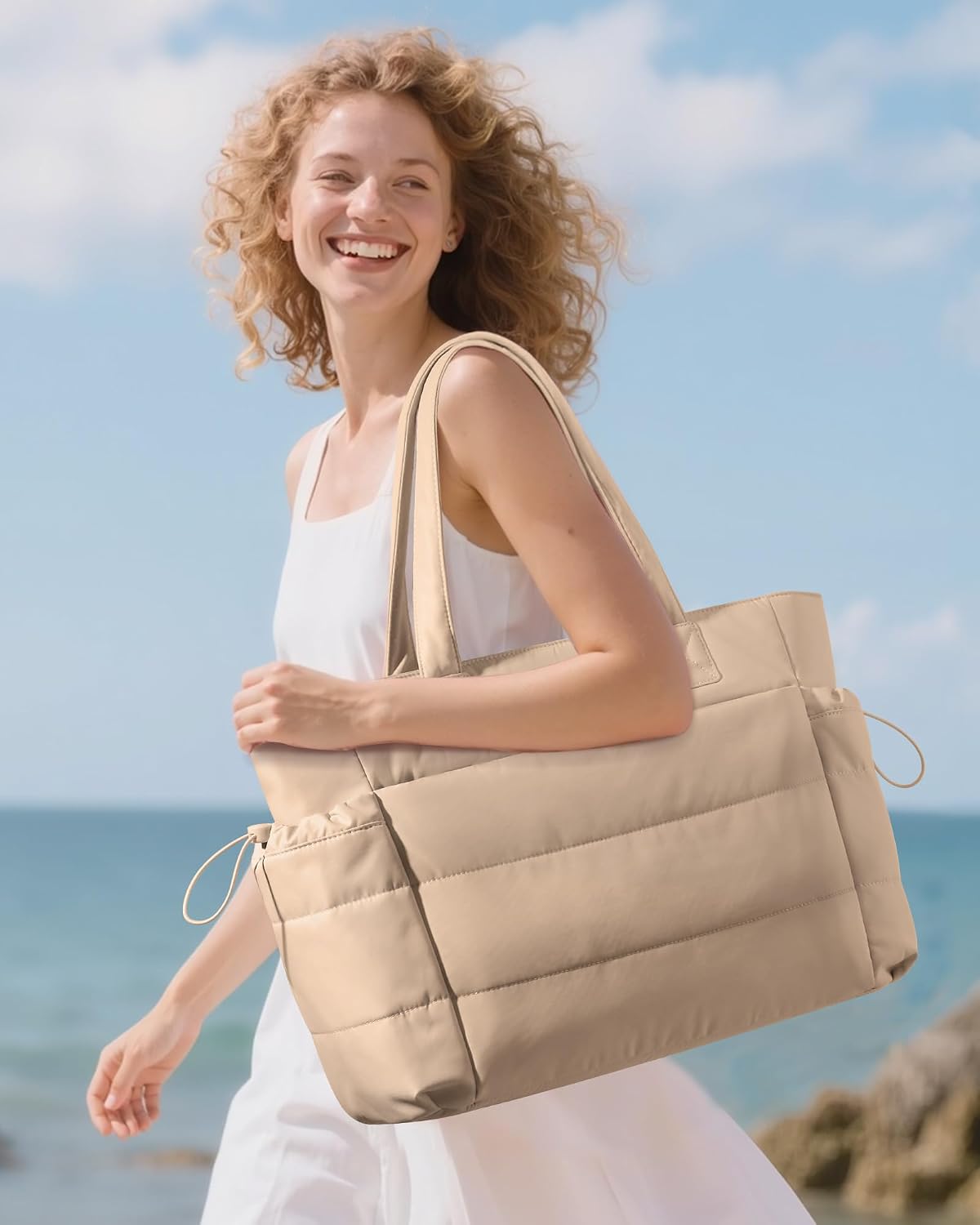 Tote Bag for Women with Giant Tumbler Holder Pocket, Puffer Work Travel Laptop Handbag with Zipper for Nurse Teacher