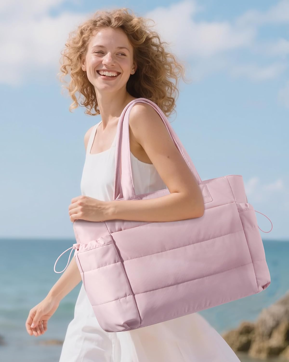 Tote Bag for Women with Giant Tumbler Holder Pocket, Puffer Work Travel Laptop Handbag with Zipper for Nurse Teacher