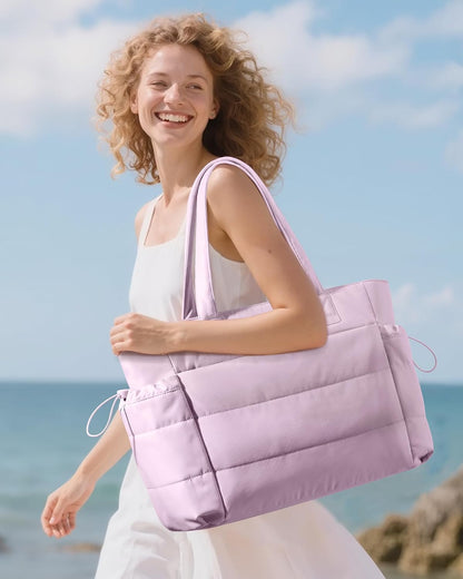 Tote Bag for Women with Giant Tumbler Holder Pocket, Puffer Work Travel Laptop Handbag with Zipper for Nurse Teacher