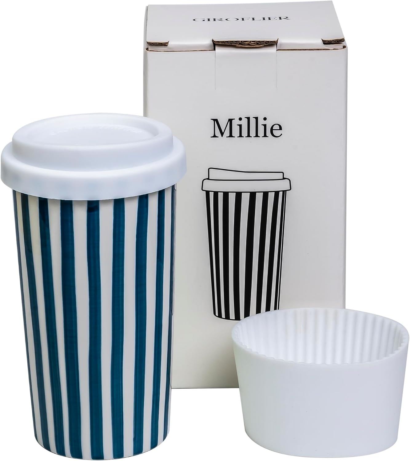 Ceramic Travel Mug with Lid (12 oz) – Cute Aesthetic Coffee Cup for Women & Men, Microwave & Dishwasher Safe, Spill-Resistant To Go Tumbler, Fits Car Cup Holder (Blue)