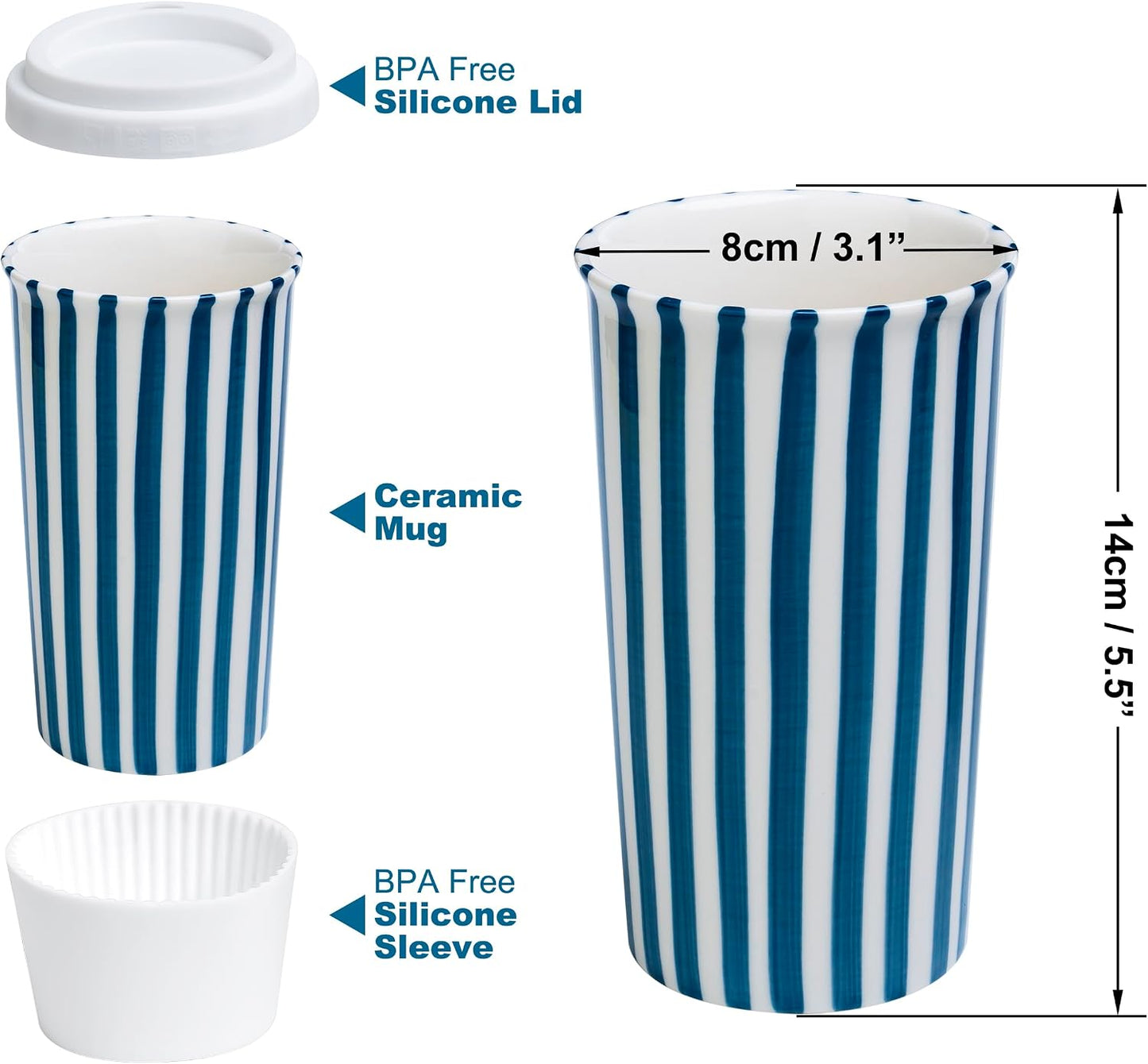 Ceramic Travel Mug with Lid (12 oz) – Cute Aesthetic Coffee Cup for Women & Men, Microwave & Dishwasher Safe, Spill-Resistant To Go Tumbler, Fits Car Cup Holder (Blue)