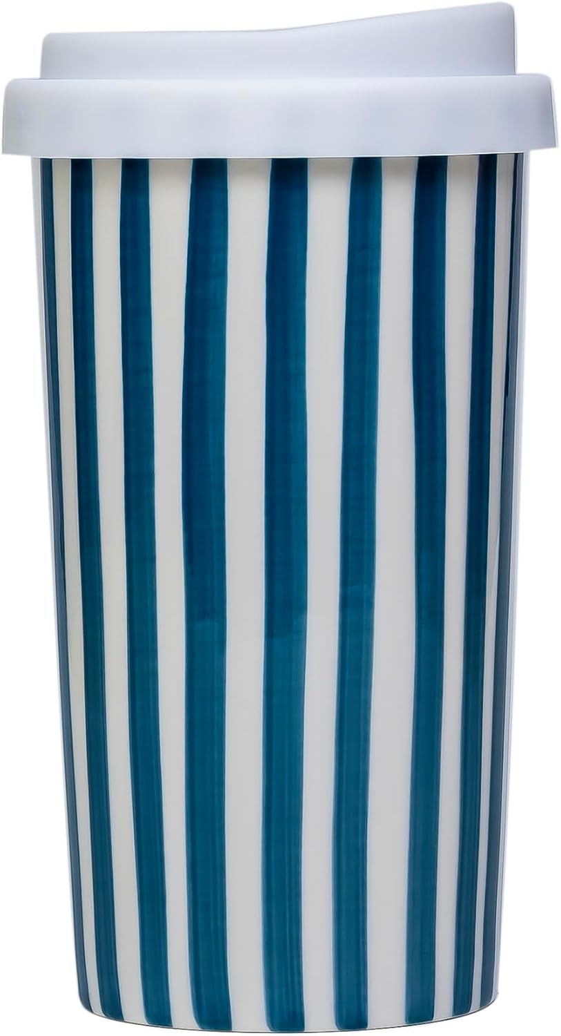 Ceramic Travel Mug with Lid (12 oz) – Cute Aesthetic Coffee Cup for Women & Men, Microwave & Dishwasher Safe, Spill-Resistant To Go Tumbler, Fits Car Cup Holder (Blue)