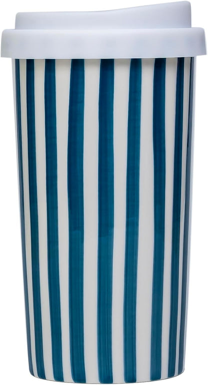 Ceramic Travel Mug with Lid (12 oz) – Cute Aesthetic Coffee Cup for Women & Men, Microwave & Dishwasher Safe, Spill-Resistant To Go Tumbler, Fits Car Cup Holder (Blue)