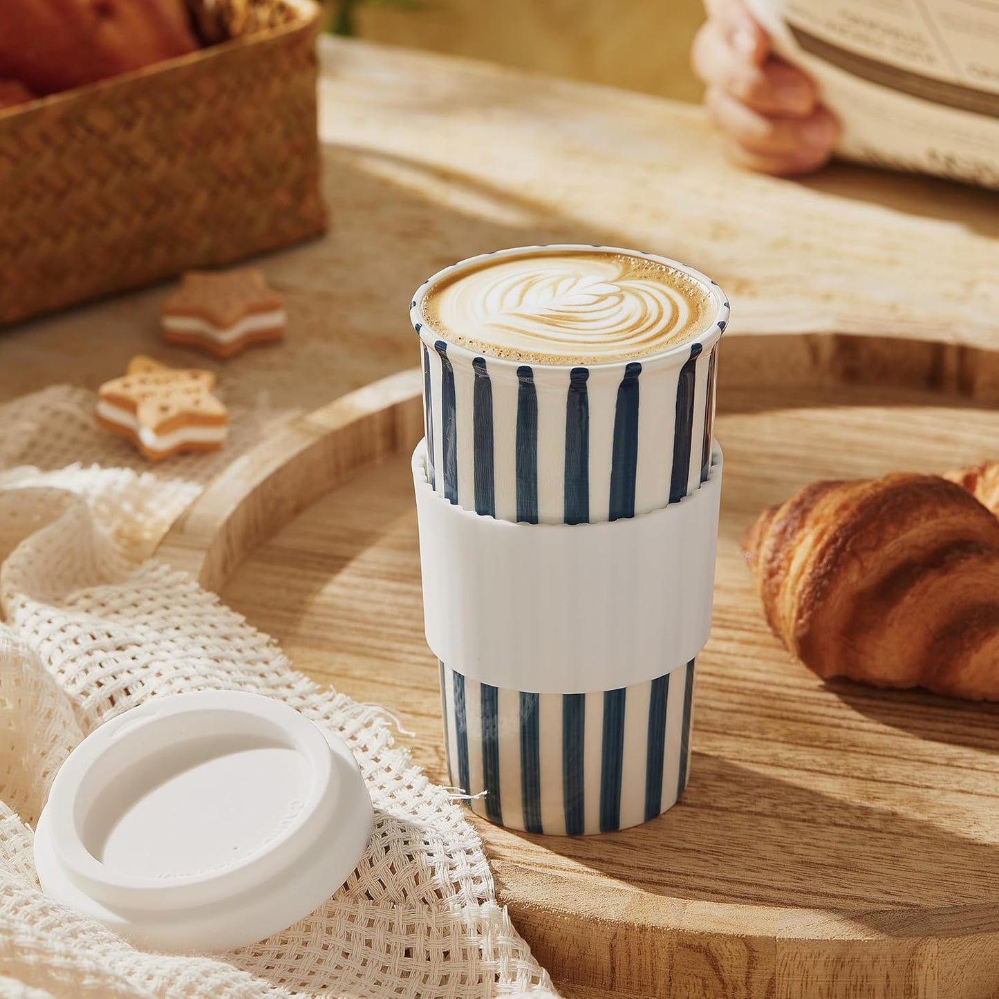 Ceramic Travel Mug with Lid (12 oz) – Cute Aesthetic Coffee Cup for Women & Men, Microwave & Dishwasher Safe, Spill-Resistant To Go Tumbler, Fits Car Cup Holder (Blue)