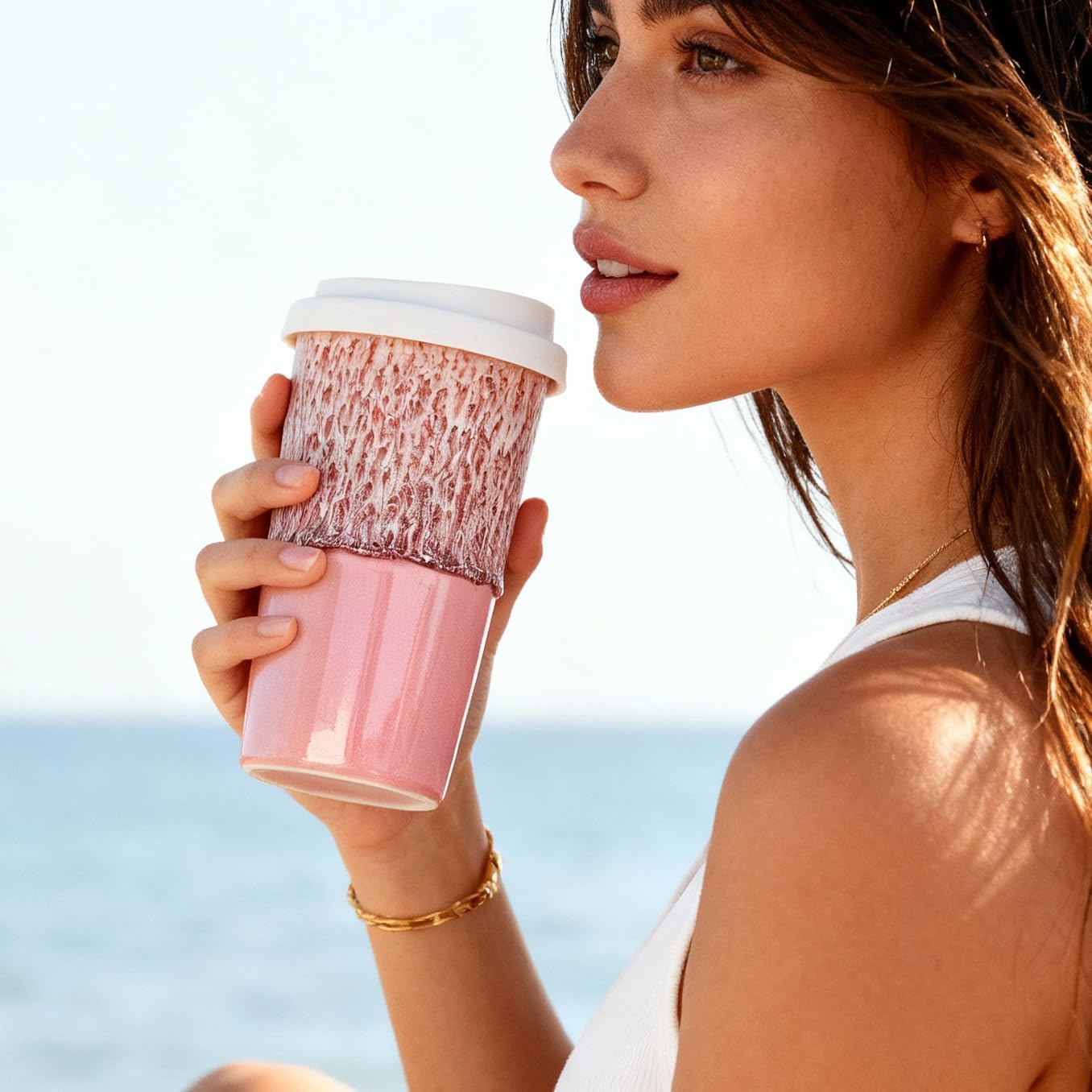 Ceramic Travel Mug with Lid (12 oz) – Cute Aesthetic Coffee Cup for Women & Men, Microwave & Dishwasher Safe, Spill-Resistant To Go Tumbler, Fits Car Cup Holder (Blue)