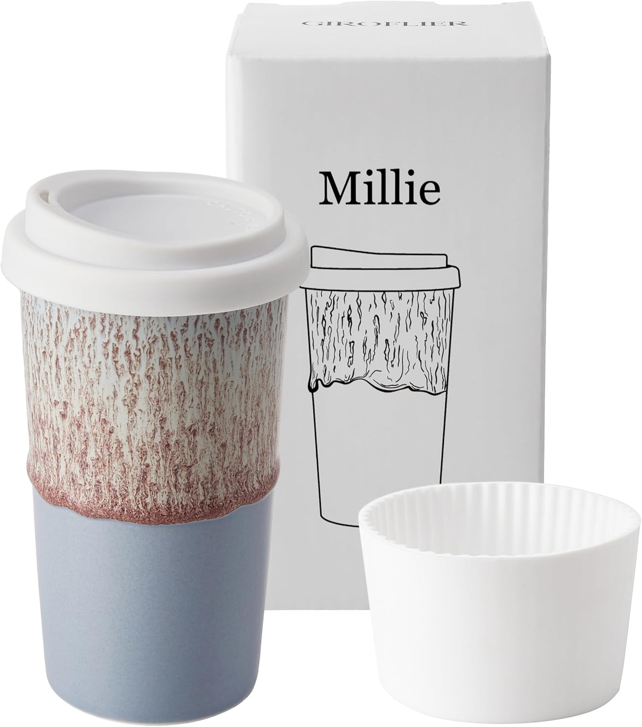 Ceramic Travel Mug with Lid (12 oz) – Cute Aesthetic Coffee Cup for Women & Men, Microwave & Dishwasher Safe, Spill-Resistant To Go Tumbler, Fits Car Cup Holder (Blue)