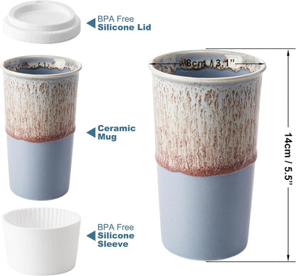 Ceramic Travel Mug with Lid (12 oz) – Cute Aesthetic Coffee Cup for Women & Men, Microwave & Dishwasher Safe, Spill-Resistant To Go Tumbler, Fits Car Cup Holder (Blue)