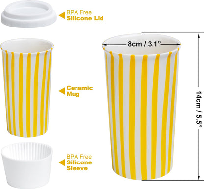 Ceramic Travel Mug with Lid (12 oz) – Cute Aesthetic Coffee Cup for Women & Men, Microwave & Dishwasher Safe, Spill-Resistant To Go Tumbler, Fits Car Cup Holder (Blue)