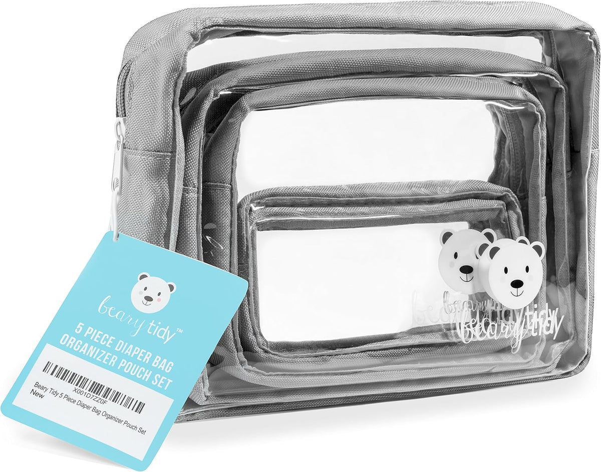 5 Piece Diaper Bag Organizer Pouch Set, Clear with Zippers and Nestable