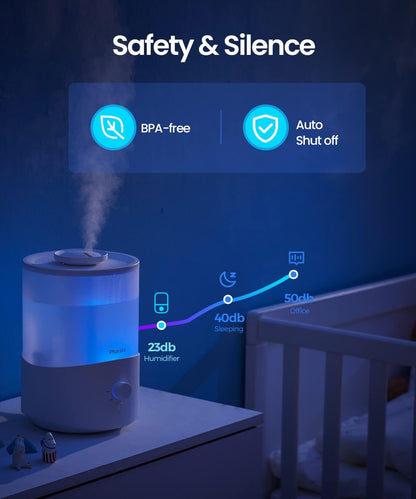 Humidifiers for Bedroom Home, 3.5L Top Fill Air Cool Mist Humidifiers for Baby Large Room Indoor Plants Nursery, Night Light, White