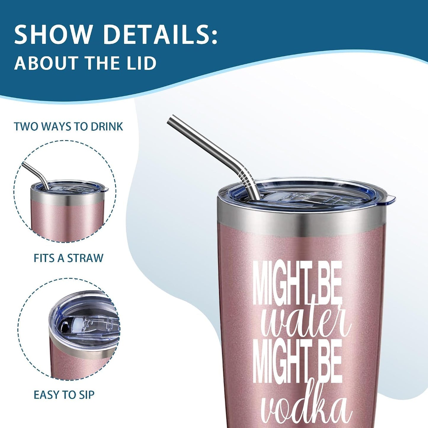 20oz Rose Gold Might Be Water Might Be Whiskey Stainless Steel Mug with Lid | Double Wall Insulated Tumbler, Minimalist Funny Design, Gift for Mom Friends Coworkers, Fits Bachelor Bachelorette Gift