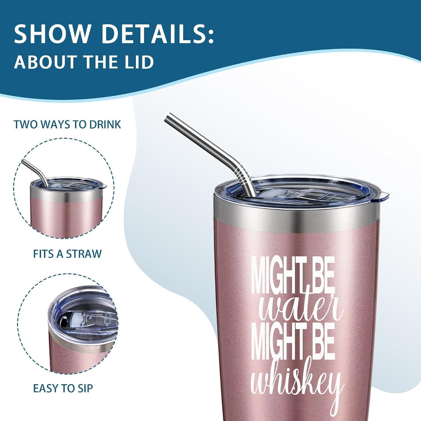 20oz Rose Gold Might Be Water Might Be Whiskey Stainless Steel Mug with Lid | Double Wall Insulated Tumbler, Minimalist Funny Design, Gift for Mom Friends Coworkers, Fits Bachelor Bachelorette Gift