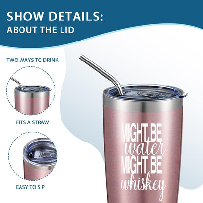 20oz Rose Gold Might Be Water Might Be Whiskey Stainless Steel Mug with Lid | Double Wall Insulated Tumbler, Minimalist Funny Design, Gift for Mom Friends Coworkers, Fits Bachelor Bachelorette Gift
