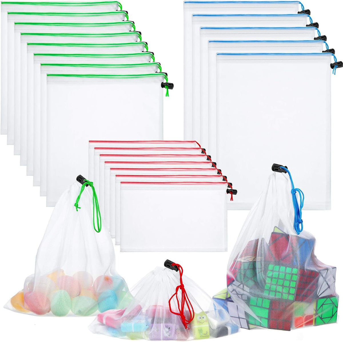 20 Pieces Reusable Produce Bags Mesh Pouch Toy Storage Bags Drawstring Washable Organization 5 Large 8 Medium 7 Small for School Office, Puzzles Games Storage(Blue, Green, Red)