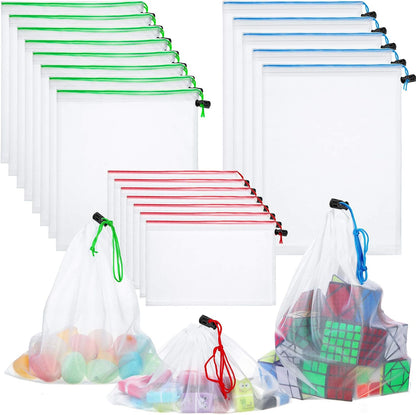 20 Pieces Reusable Produce Bags Mesh Pouch Toy Storage Bags Drawstring Washable Organization 5 Large 8 Medium 7 Small for School Office, Puzzles Games Storage(Blue, Green, Red)