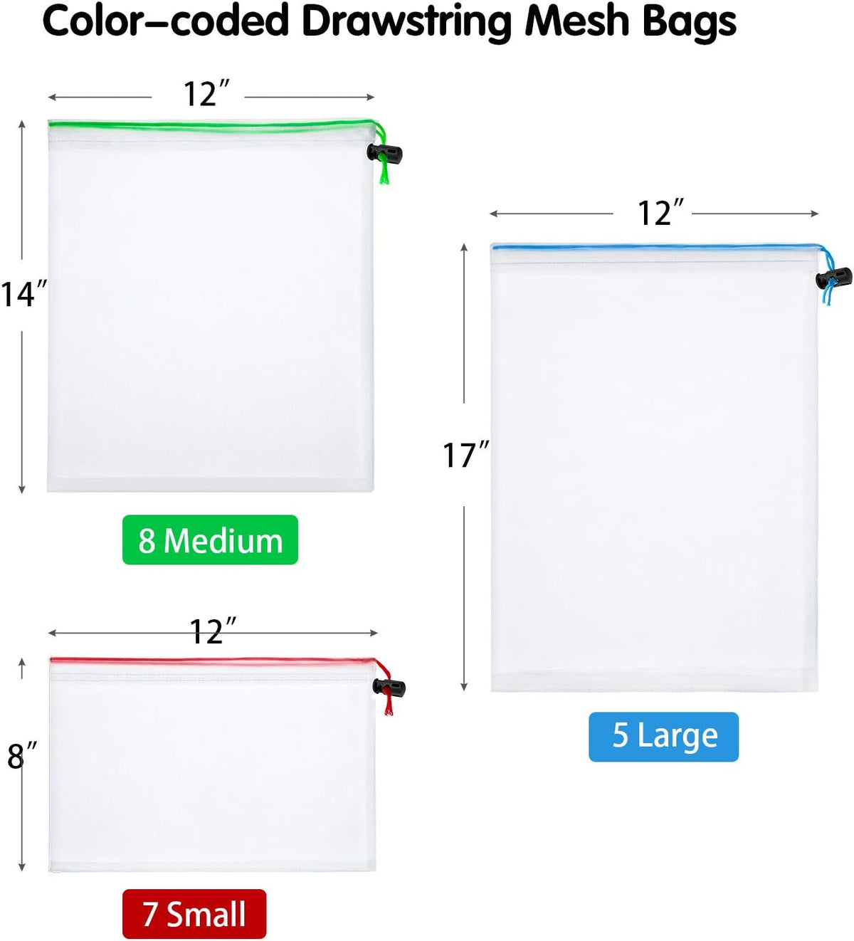 20 Pieces Reusable Produce Bags Mesh Pouch Toy Storage Bags Drawstring Washable Organization 5 Large 8 Medium 7 Small for School Office, Puzzles Games Storage(Blue, Green, Red)