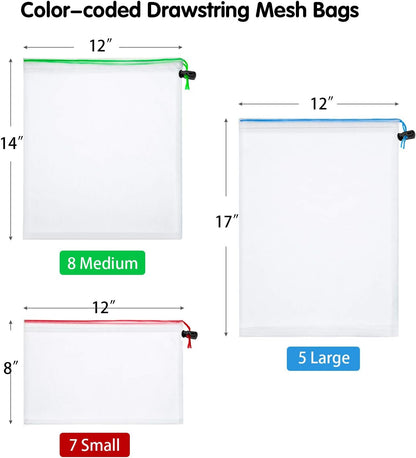 20 Pieces Reusable Produce Bags Mesh Pouch Toy Storage Bags Drawstring Washable Organization 5 Large 8 Medium 7 Small for School Office, Puzzles Games Storage(Blue, Green, Red)