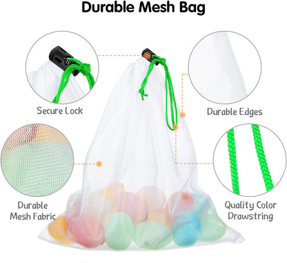 20 Pieces Reusable Produce Bags Mesh Pouch Toy Storage Bags Drawstring Washable Organization 5 Large 8 Medium 7 Small for School Office, Puzzles Games Storage(Blue, Green, Red)
