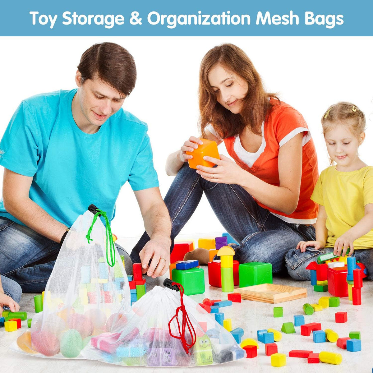 20 Pieces Reusable Produce Bags Mesh Pouch Toy Storage Bags Drawstring Washable Organization 5 Large 8 Medium 7 Small for School Office, Puzzles Games Storage(Blue, Green, Red)