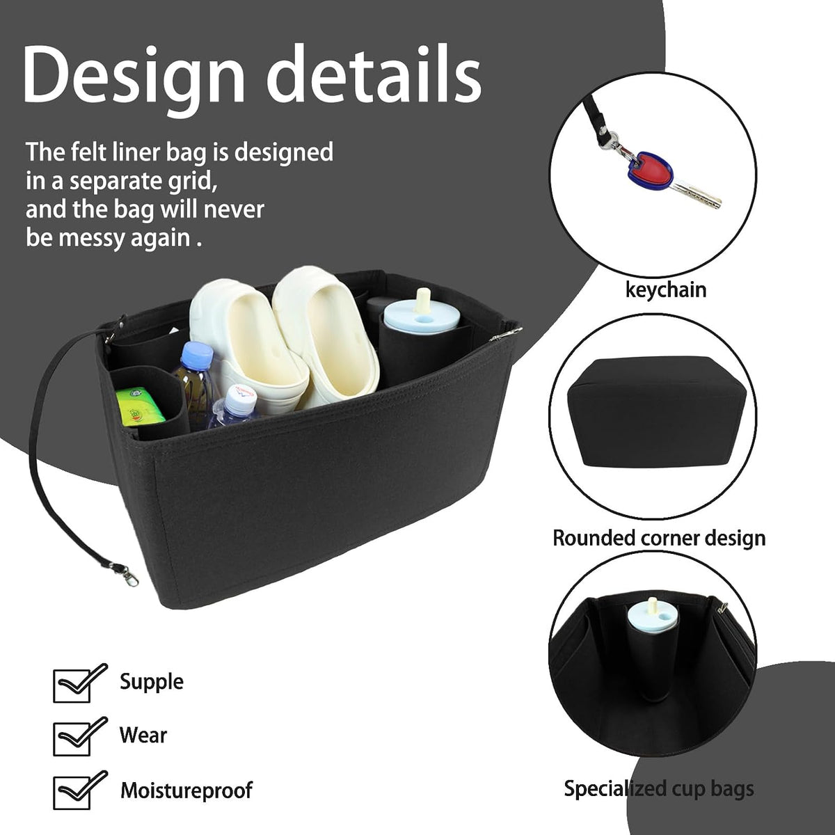 Felt Tote Organizer Insert for Rubber Beach Bag, Bag Divider Pouch Accessories, ONLY Insert Included (Bag Not Included) - 3018 Black-L