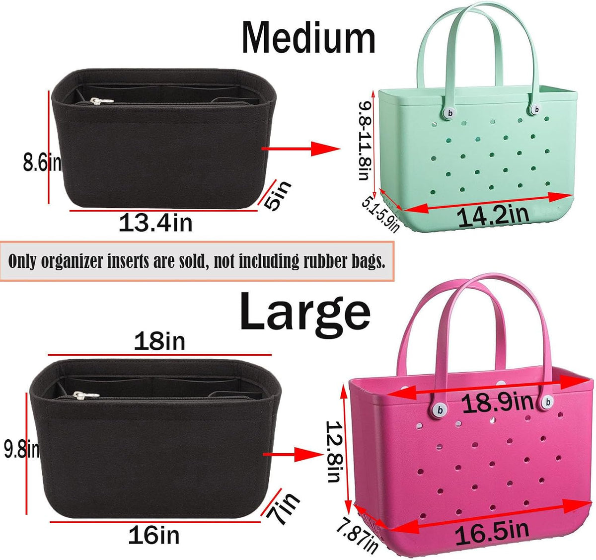 Felt Tote Organizer Insert for Rubber Beach Bag, Bag Divider Pouch Accessories, ONLY Insert Included (Bag Not Included) - 3018 Black-L