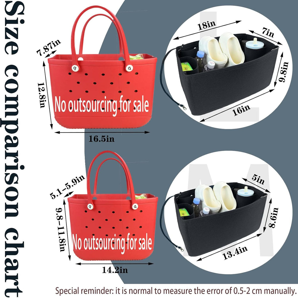 Felt Tote Organizer Insert for Rubber Beach Bag, Bag Divider Pouch Accessories, ONLY Insert Included (Bag Not Included) - 3018 Black-L