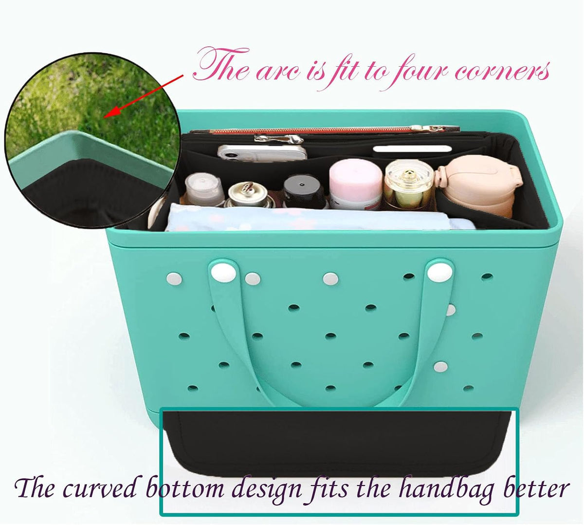Felt Tote Organizer Insert for Rubber Beach Bag, Bag Divider Pouch Accessories, ONLY Insert Included (Bag Not Included) - 3018 Black-L
