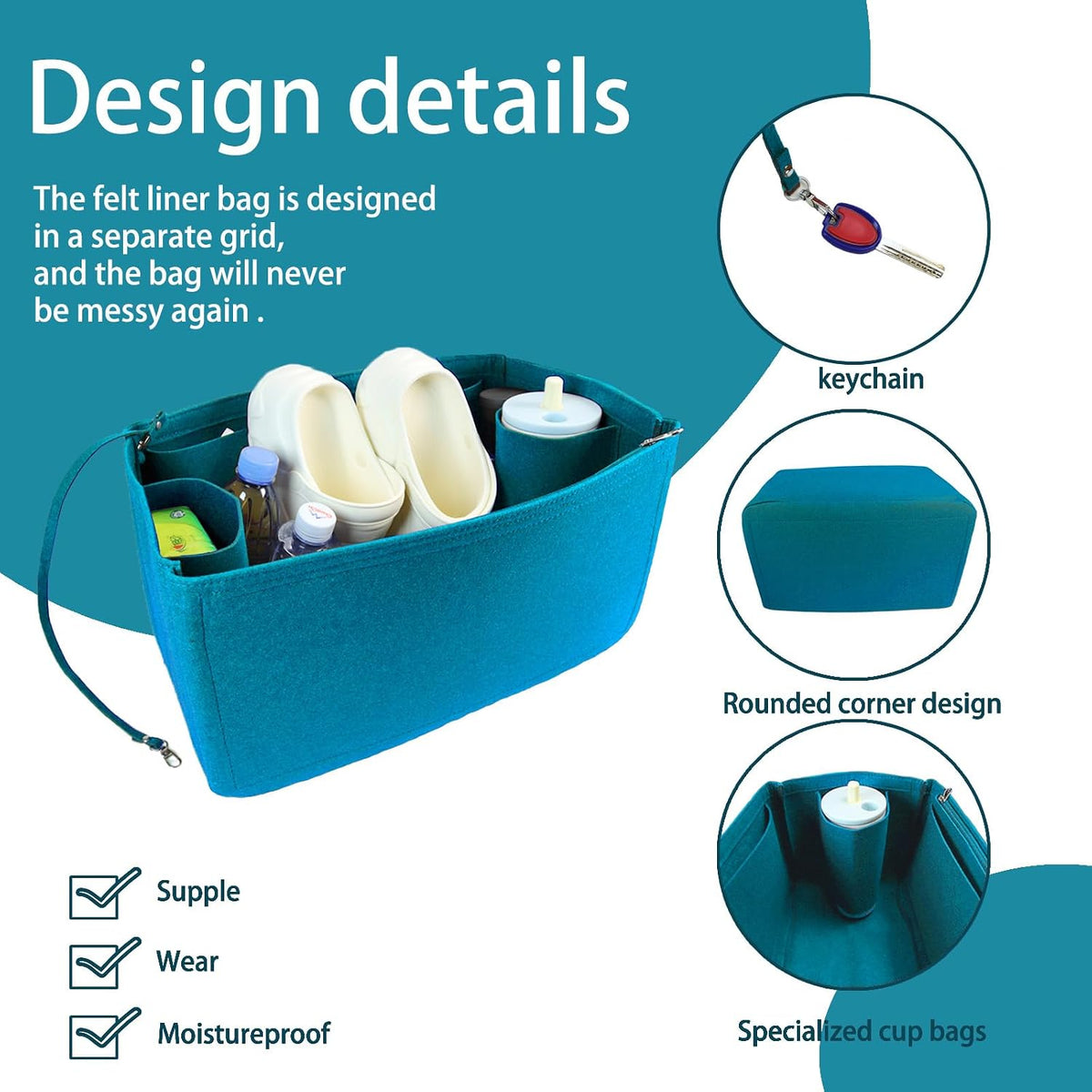 Felt Tote Organizer Insert for Rubber Beach Bag, Bag Divider Pouch Accessories, ONLY Insert Included (Bag Not Included) - 3018 Black-L