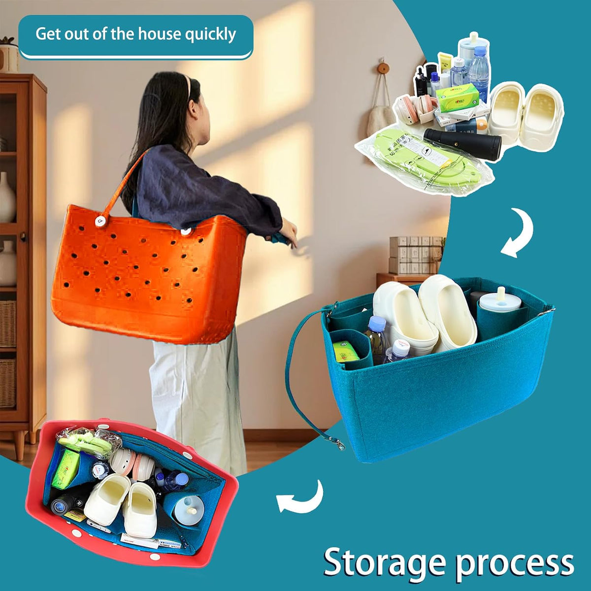 Felt Tote Organizer Insert for Rubber Beach Bag, Bag Divider Pouch Accessories, ONLY Insert Included (Bag Not Included) - 3018 Black-L