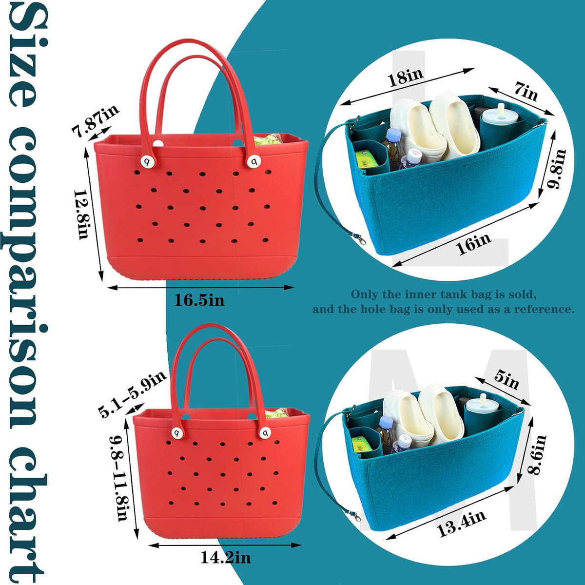 Felt Tote Organizer Insert for Rubber Beach Bag, Bag Divider Pouch Accessories, ONLY Insert Included (Bag Not Included) - 3018 Black-L