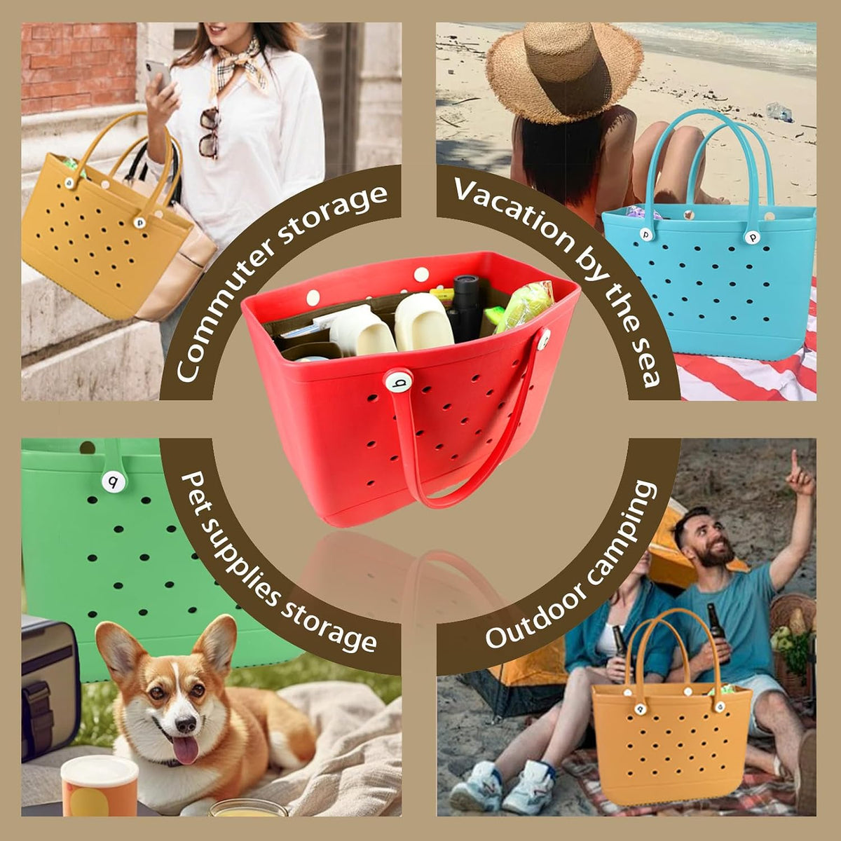 Felt Tote Organizer Insert for Rubber Beach Bag, Bag Divider Pouch Accessories, ONLY Insert Included (Bag Not Included) - 3018 Black-L